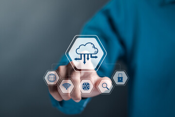 Naklejka premium Cloud computing technology concept. large network of backup platforms, online data storage. Businessman touching connect to data information on cloud computing network.
