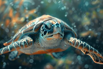 Fototapeta premium Stock photo of turtle under water --ar 3:2 --stylize 550 Job ID: c45146fc-0058-4c85-877f-a6fe51ef6fa5