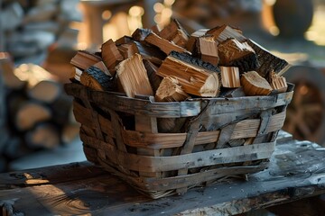 Wicker basket with firewood. - obrazy, fototapety, plakaty