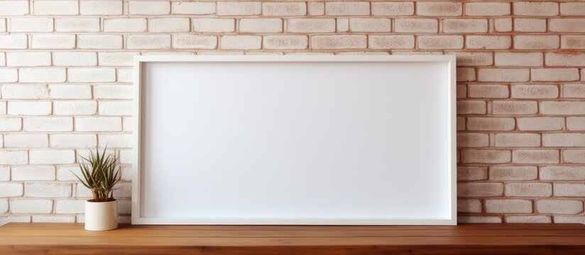 Wooden frame on a white shelf with brick wall backdrop
