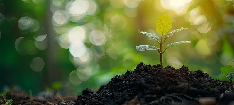 Planting a small plant on a pile of soil on a green background. bokeh generative ai