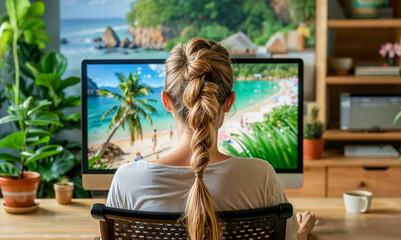 jeune femme vue de dos devant un écran d'ordinateur qui affiche un paysage de vacances - obrazy, fototapety, plakaty