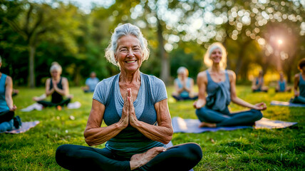 une femme âgée assise en tailleur, les mains jointes, en train de faire du yoga en groupe dans un parc