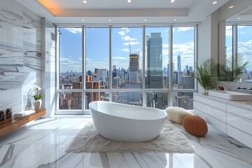 Contemporary apartment bathroom with panoramic city skyline views