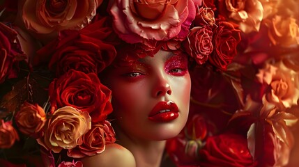 Arresting Individual with Rose Headdress, To showcase the unique and artistic beauty of an individual through the use of vibrant makeup and a floral