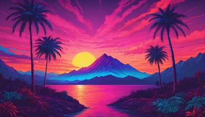 Fototapeta na wymiar A drawing of a sunset with a mountain and palm trees psychedelic landscape