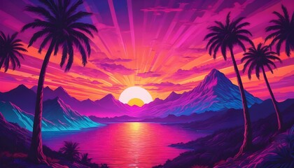 Fototapeta na wymiar A drawing of a sunset with a mountain and palm trees psychedelic landscape