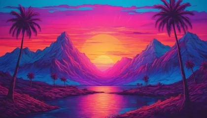 Foto op Plexiglas A drawing of a sunset with a mountain and palm trees psychedelic landscape © itnozirmia