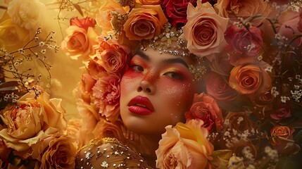Surreal Portrait of Asian Woman with Roses and Gold, To convey a sense of surreal beauty and enchantment, drawing the viewer into a dreamlike world