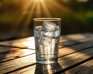 Glass of water with ice on a wooden table, used to quench your thirst on a hot day. - obrazy, fototapety, plakaty