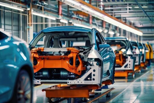  Mass production assembly line of modern cars. Making car in factory.