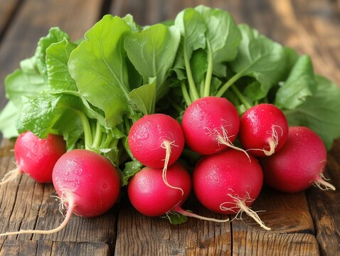 fresh radish with tops on wooden background