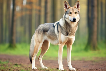 Naklejka na ściany i meble Purebred beautiful breed of dog Czechoslovakian Wolfdog, background nature.