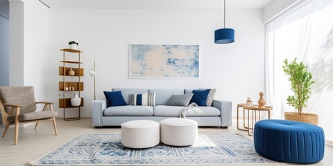Fototapeta na wymiar Spacious living room with cozy sofa, blue stools, rug, and white walls in modern apartment.