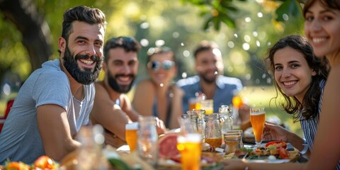 Men and women posing for pictures on a summer vacation. Generative Ai