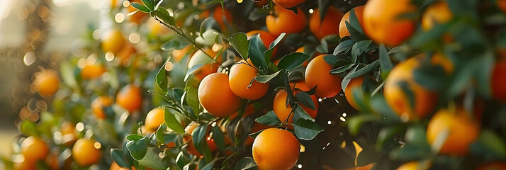 The tree is adorned with a variety of citrus fruits including Valencia oranges, Tangerines, Clementines, and more. - obrazy, fototapety, plakaty