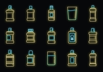 Mouthwash icons set outline vector. Health care. Dentist bottle neon isolated