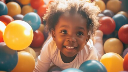 Fototapeta na wymiar Joyful little black girl playing in ball pit