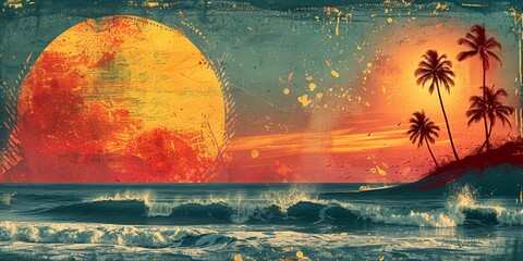 An illustration of a golden sun setting over a calm ocean, painting the sky with vibrant hues.
