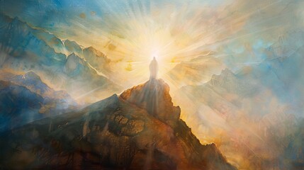 An evocative portrayal of Jesus Christ's transfiguration on the mountaintop, radiating divine light. - obrazy, fototapety, plakaty