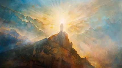 Foto op Canvas An evocative portrayal of Jesus Christ's transfiguration on the mountaintop, radiating divine light. © furyon