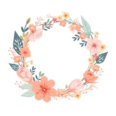 Floral Wreath With Leaves and Flowers on White Background