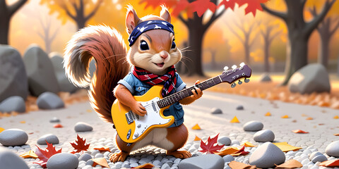 a squirrel with a bandana playing a guitar on a gravel ground with rocks and leaves in the foreground.