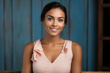 Elegant woman in soft pink blouse smiles, exuding confidence against a rustic blue backdrop. Perfect for beauty and fashion content.