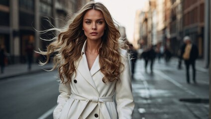 Obraz premium Outdoor portrait of beautiful young woman with long curly hair in white coat walking on the street