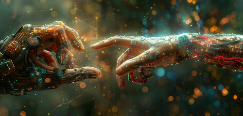 In an ethereal scene, the hands glow magically, symbolizing the care and vitality of advanced technology.