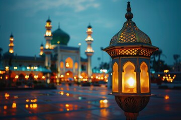 A captivating lantern lights up, adding a sense of peace and spirituality against the backdrop of an elegant Islamic mosque at dusk