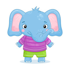 Naklejka premium Baby boy elephant stands and smiles in a clothes. Cute animal on a white background. Vector illustration in a cartoon style.