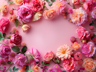 Fototapeta na wymiar pink rose and orange flower arrangement with a pink background