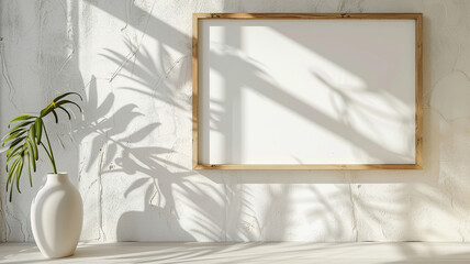 Mockup of a light wood  rectangular horizontal frame hanging on a white textured wall mockup
