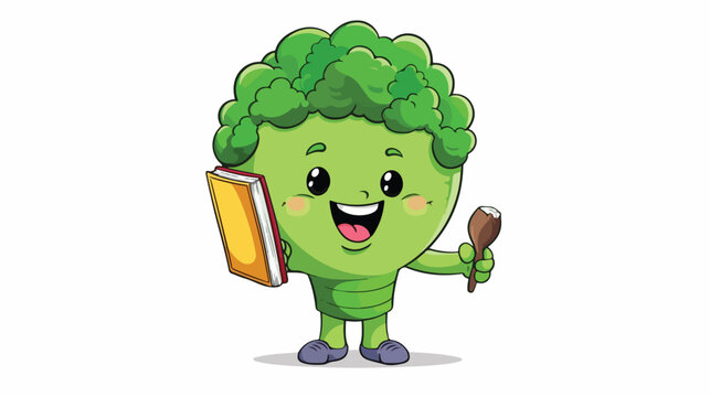 Student with book green broccoli on mascot cartoon