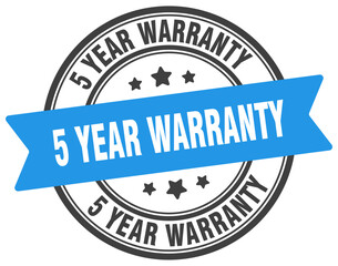 5 year warranty stamp. 5 year warranty label on transparent background. round sign