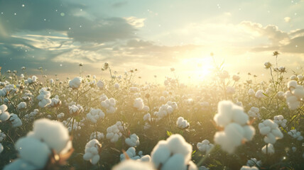 Serene Cotton Field at Sunset with Glowing Light and Ethereal Quality