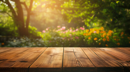 Warm Sunlight over Wooden Deck and Vibrant Garden Background