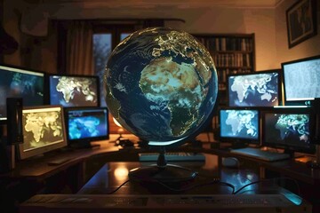 A computer monitor displays a globe on a desk