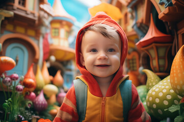a little boy smiling surprised in a fantasy world with colorful houses