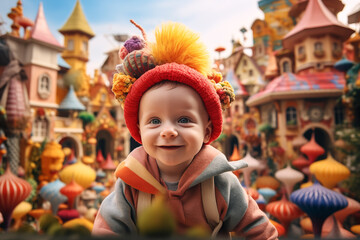 a little boy smiling surprised in a fantasy world with colorful houses - 753532538