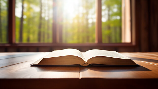 Open book on a wooden table in a library with the morning light falling on the book