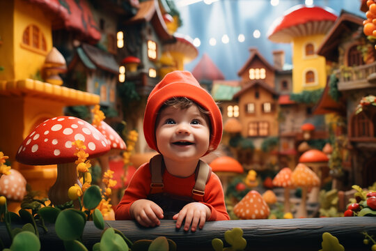 a little boy smiling surprised in a fantasy world with colorful houses