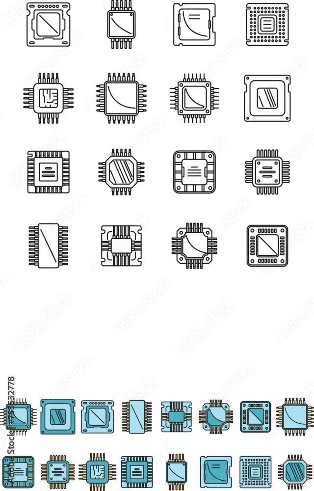 Poster processor icons set outline vector. central computer card. electronic chip color line isolated