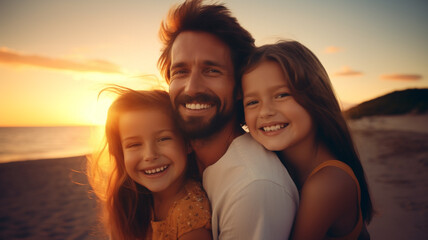 happy family laughing and looking at camera with sea view background