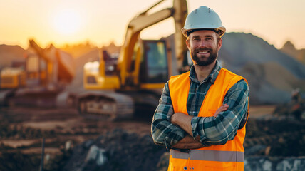 Portrait of happy professional excavator driver standing in front of big excavator looking at camera at sunrise - obrazy, fototapety, plakaty