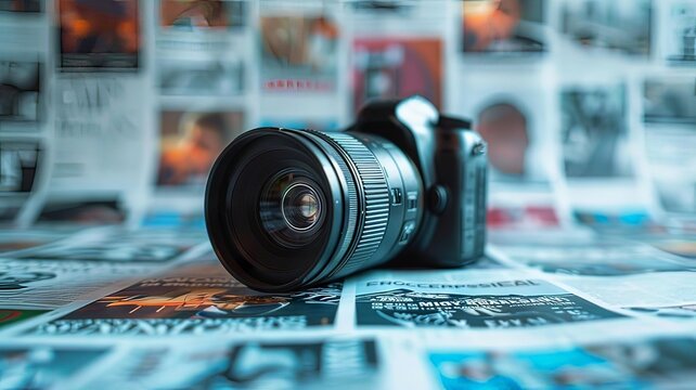 Horizontal AI illustration professional DSLR camera on printed media collage. Business concept.