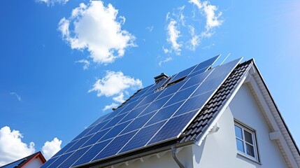 Fototapeta premium Solar panel integrated into modern house roof, blending seamlessly to harness sun s energy