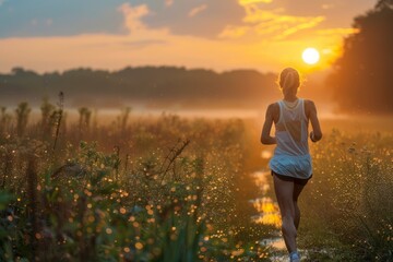 Fototapeta premium Woman Jogging on Country Road at Sunset Surrounded by Nature and Shimmering Dewdrops