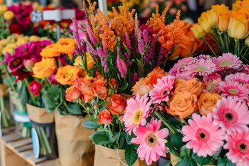 Vibrant Assortment of Fresh Cut Flowers at a Flower Market Display Including Tulips, Roses, and Gerberas